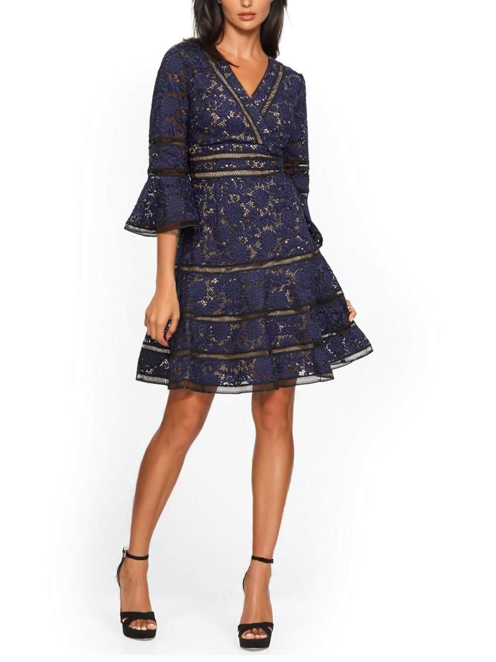 SHANI Bell-Sleeve Surplice Lace Dress in Blue. Size 6 Women #466